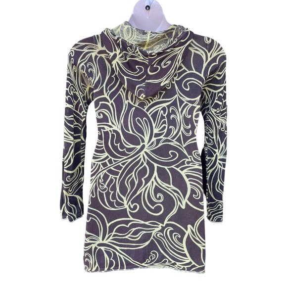 Athleta Hoodie Sweater Full Zip Sz S Tunic Brown Yellow Floral Pattern Pockets - Picture 4 of 5